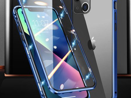 Phone Case for iPhone 15 Plus Magnetic Adsorption Metal Frame + Double-sided Tempered Glass Clear Phone Cover For Sale