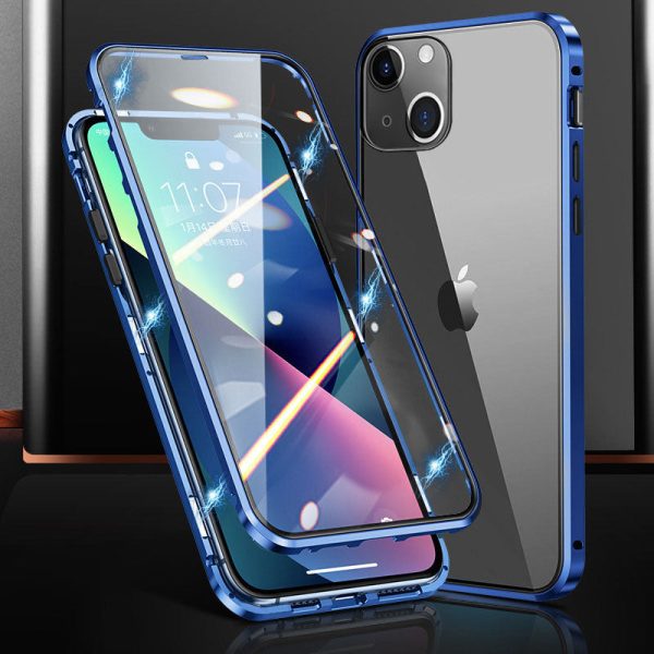 Phone Case for iPhone 15 Plus Magnetic Adsorption Metal Frame + Double-sided Tempered Glass Clear Phone Cover For Sale