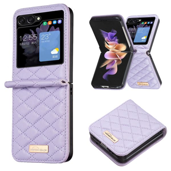 BINFEN COLOR For Samsung Galaxy Z Flip5 5G PU Leather+PC Case Imprinted Rhombus Pattern Phone Cover Sale