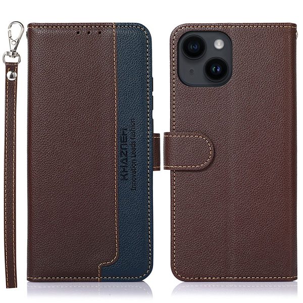 KHAZNEH For iPhone 14 Plus PU Leather Cell Phone Case Litchi Texture RFID Blocking Stand Wallet Cover on Sale