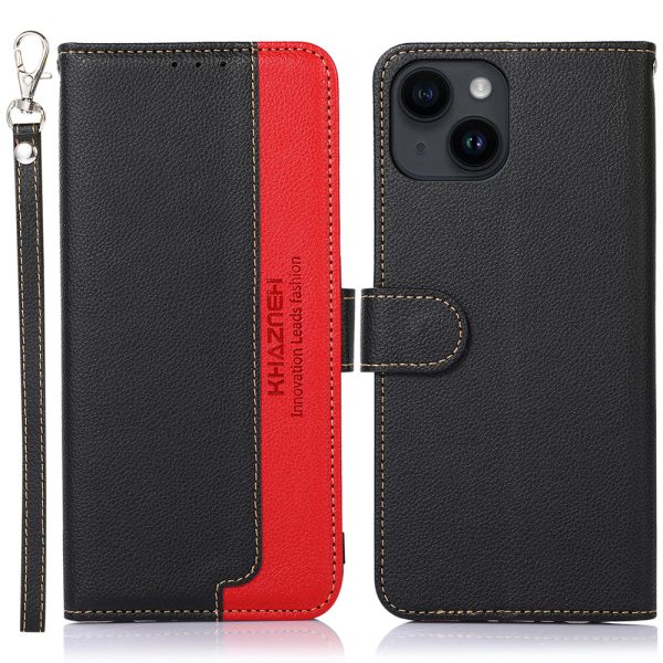 KHAZNEH For iPhone 14 Plus PU Leather Cell Phone Case Litchi Texture RFID Blocking Stand Wallet Cover on Sale