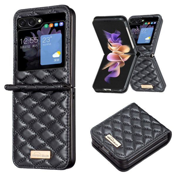 BINFEN COLOR For Samsung Galaxy Z Flip5 5G PU Leather+PC Case Imprinted Rhombus Pattern Phone Cover Sale