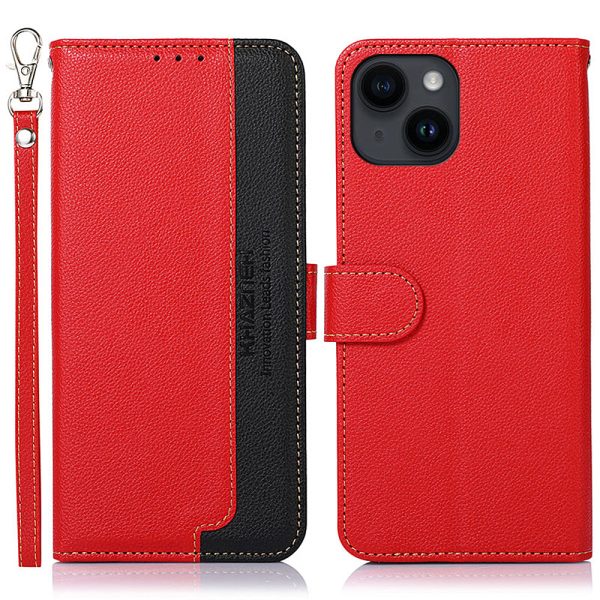 KHAZNEH For iPhone 14 Plus PU Leather Cell Phone Case Litchi Texture RFID Blocking Stand Wallet Cover on Sale