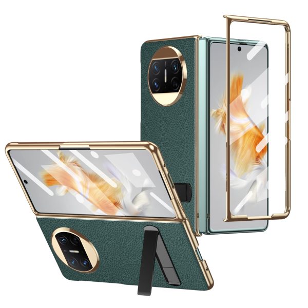 For Huawei Mate X3 5G Kickstand Phone Case PU Leather Coated PC Electroplating Frame Cover with Tempered Glass Film Hot on Sale