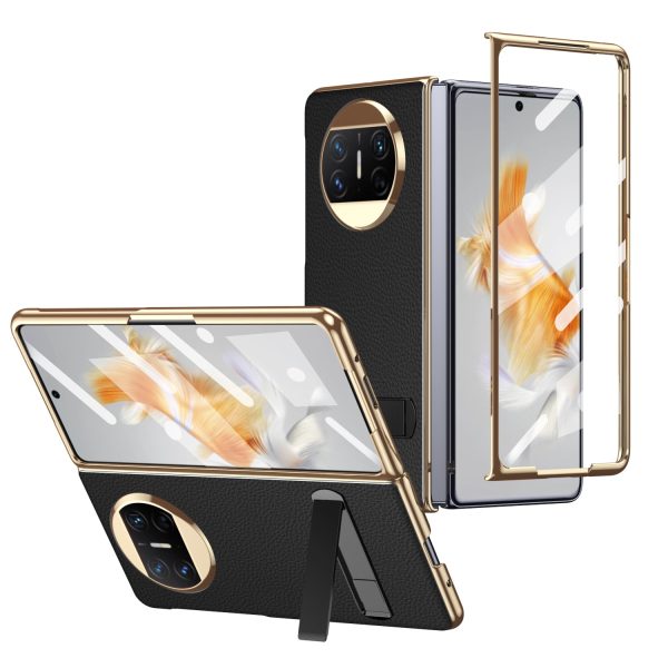 For Huawei Mate X3 5G Kickstand Phone Case PU Leather Coated PC Electroplating Frame Cover with Tempered Glass Film Hot on Sale