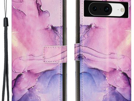 For Google Pixel 8 Mobile Phone PU Leather Case Marble Pattern Wallet Stand Cover with Wrist Strap For Sale