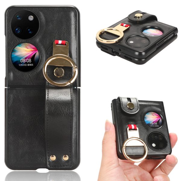 For Huawei P50 Pocket Leather Coating Phone Cover PC+TPU Case with Wristband Kickstand and Neck Strap Hot on Sale