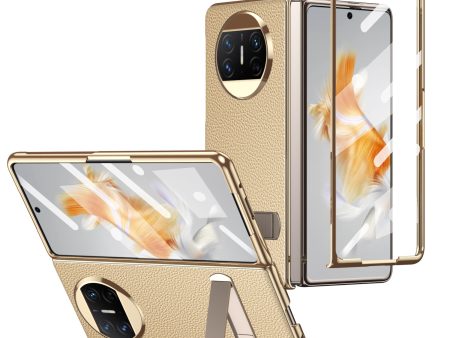 For Huawei Mate X3 5G Kickstand Phone Case PU Leather Coated PC Electroplating Frame Cover with Tempered Glass Film Hot on Sale