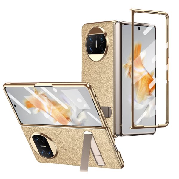 For Huawei Mate X3 5G Kickstand Phone Case PU Leather Coated PC Electroplating Frame Cover with Tempered Glass Film Hot on Sale