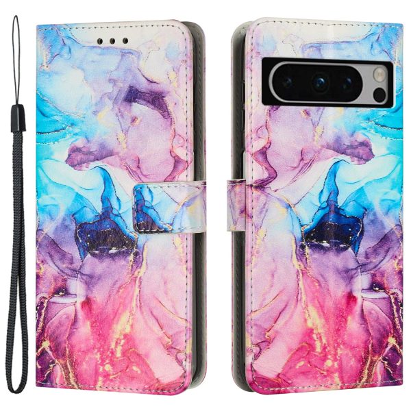 For Google Pixel 8 Pro Marble Pattern Mobile Phone PU Leather Case Wallet Stand Cover with Wrist Strap Supply