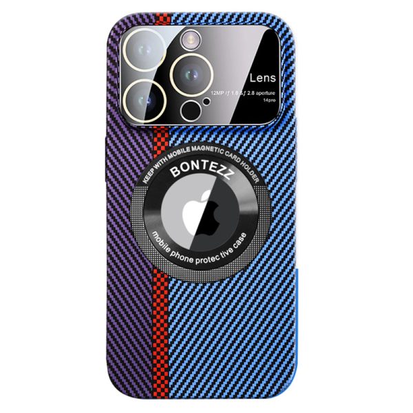 VOERO For iPhone 13 Pro 6.1 inch Carbon Fiber Texture PC Phone Case Concave Lens Phone Shell Built-in Metal Ring Fashion