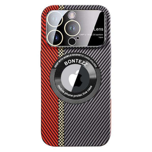 VOERO For iPhone 13 Pro 6.1 inch Carbon Fiber Texture PC Phone Case Concave Lens Phone Shell Built-in Metal Ring Fashion