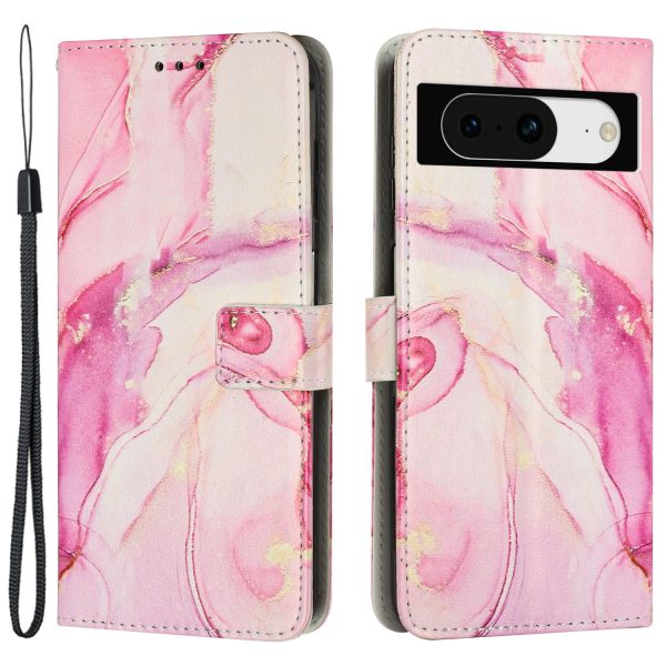 For Google Pixel 8 Mobile Phone PU Leather Case Marble Pattern Wallet Stand Cover with Wrist Strap For Sale