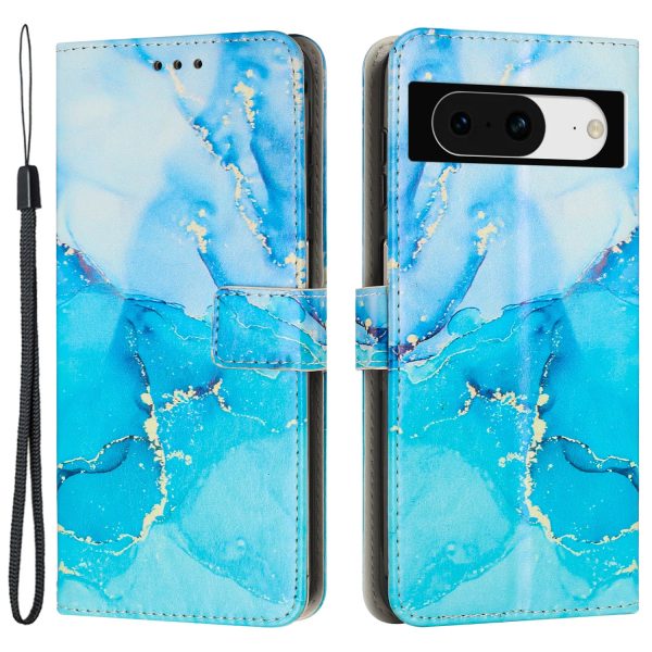 For Google Pixel 8 Mobile Phone PU Leather Case Marble Pattern Wallet Stand Cover with Wrist Strap For Sale