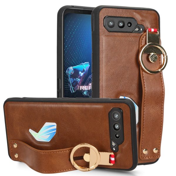 For Asus ROG Phone 5 ZS673KS Wristband Kickstand Cell Phone Cover PU Leather Coated PC+TPU Back Case with Neck Strap Online now