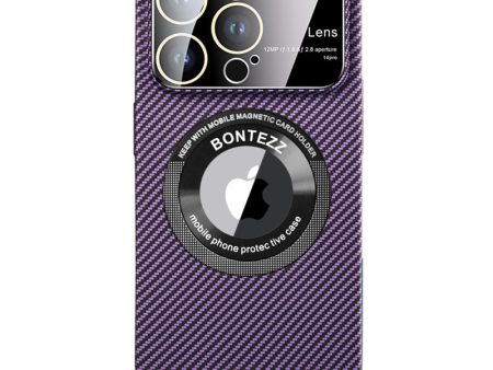 VOERO For iPhone 13 Pro 6.1 inch Carbon Fiber Texture PC Phone Case Concave Lens Phone Shell Built-in Metal Ring Fashion