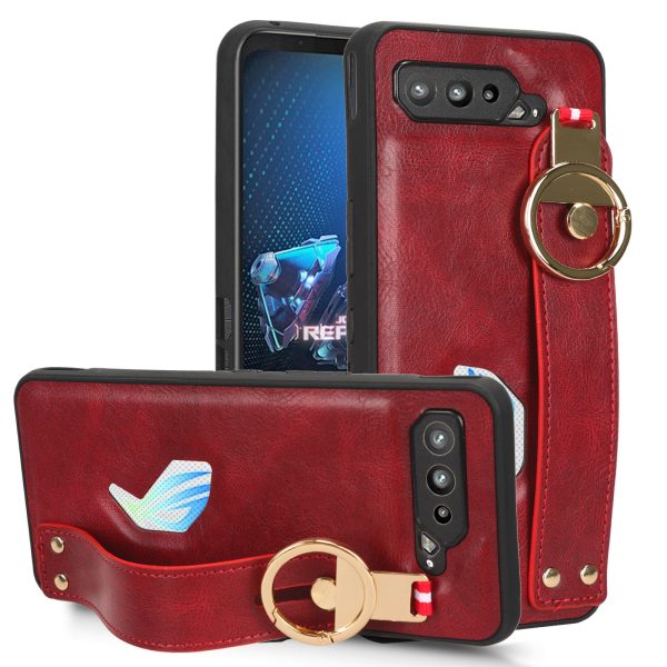 For Asus ROG Phone 5 ZS673KS Wristband Kickstand Cell Phone Cover PU Leather Coated PC+TPU Back Case with Neck Strap Online now